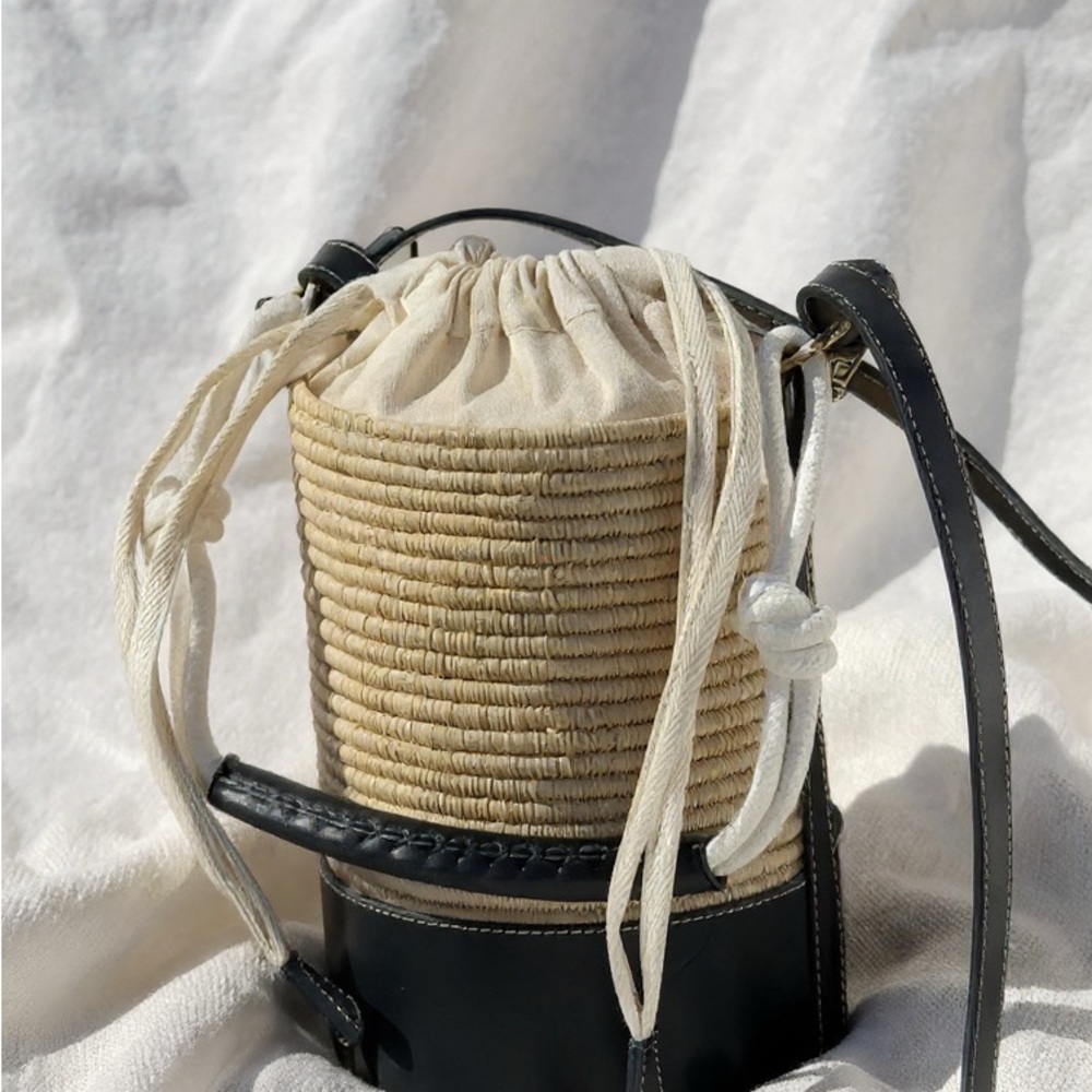 Elegant Black and Tan Woven Bucket Bag